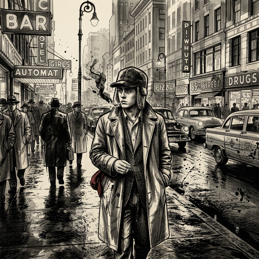 Young man in coat smoking on busy wet city street at night with neon signs and vintage cars